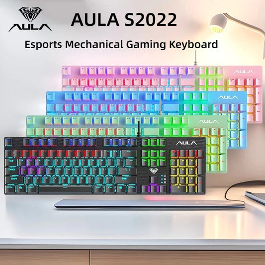 AULA S2022 Wired Gaming Keyboard Ergonomics Backlight 104 Keys Blue Switch ABS Keycaps Esports Keyboard for PC Game Accessories