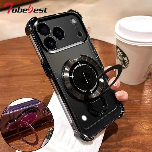 Clear Shockproof Plating Magnetic Magsafe Bracket Case for iPhone 17 Air 16 16E 15 14 Plus 13 12 Mini 11 Pro XS Max XR Cover