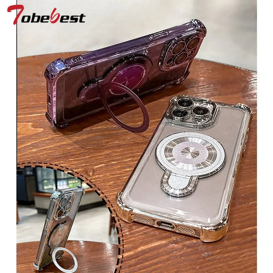 Clear Shockproof Plating Magnetic Magsafe Bracket Case for iPhone 17 Air 16 16E 15 14 Plus 13 12 Mini 11 Pro XS Max XR Cover