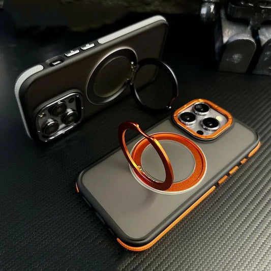 Rotatable Stand Holder MagSafe Phone Case for iPhone 17 16Pro Max 16 15 Pro 13 14 Wireless Charging Alloy Lens Hard Armor Cover