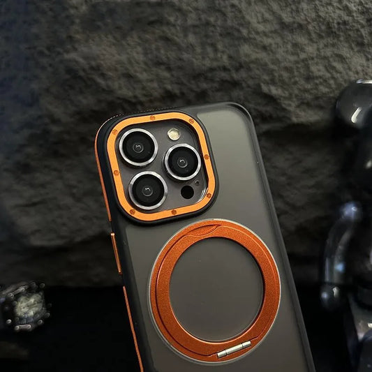 Rotatable Stand Holder MagSafe Phone Case for iPhone 17 16Pro Max 16 15 Pro 13 14 Wireless Charging Alloy Lens Hard Armor Cover